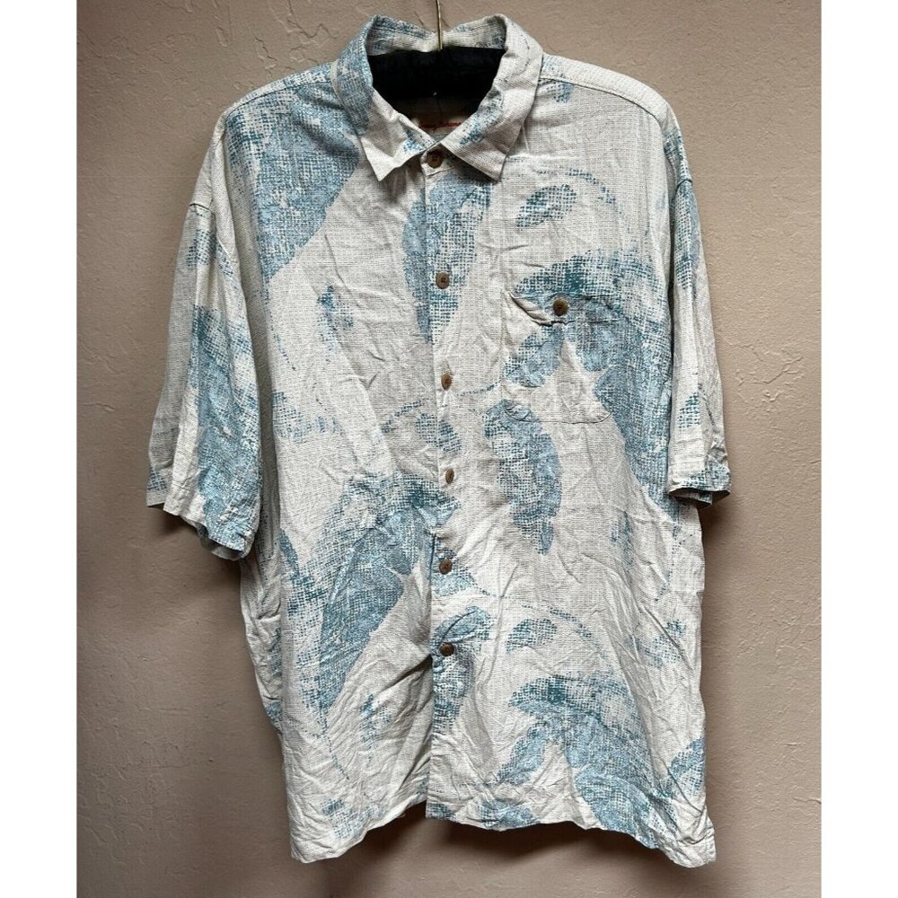Tommy Bahama Button Up Short Sleeve Silk Tropical Hawaiian Shirt XL Ivory Pocket
